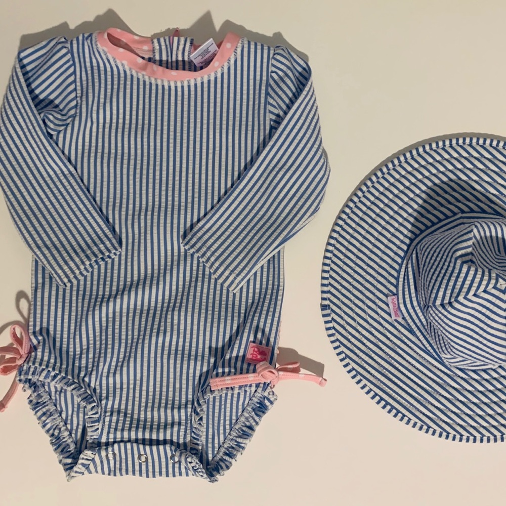 Ruffle Butts Blue Seersucker Swimsuit & Sunhat